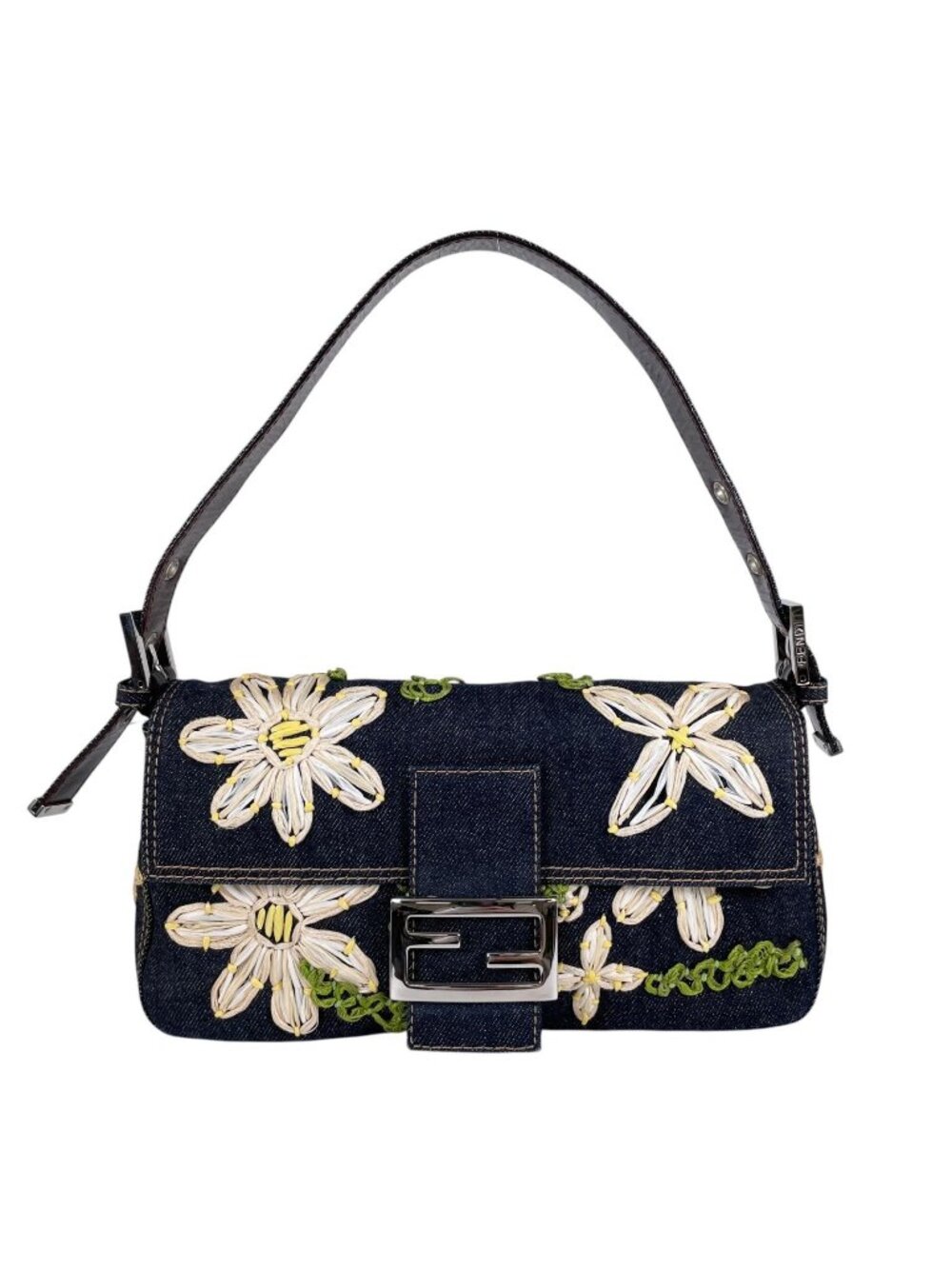 Fendi Mamma Baguette Handbag Denim Multicolor Flower Floral Pattern Embroidery